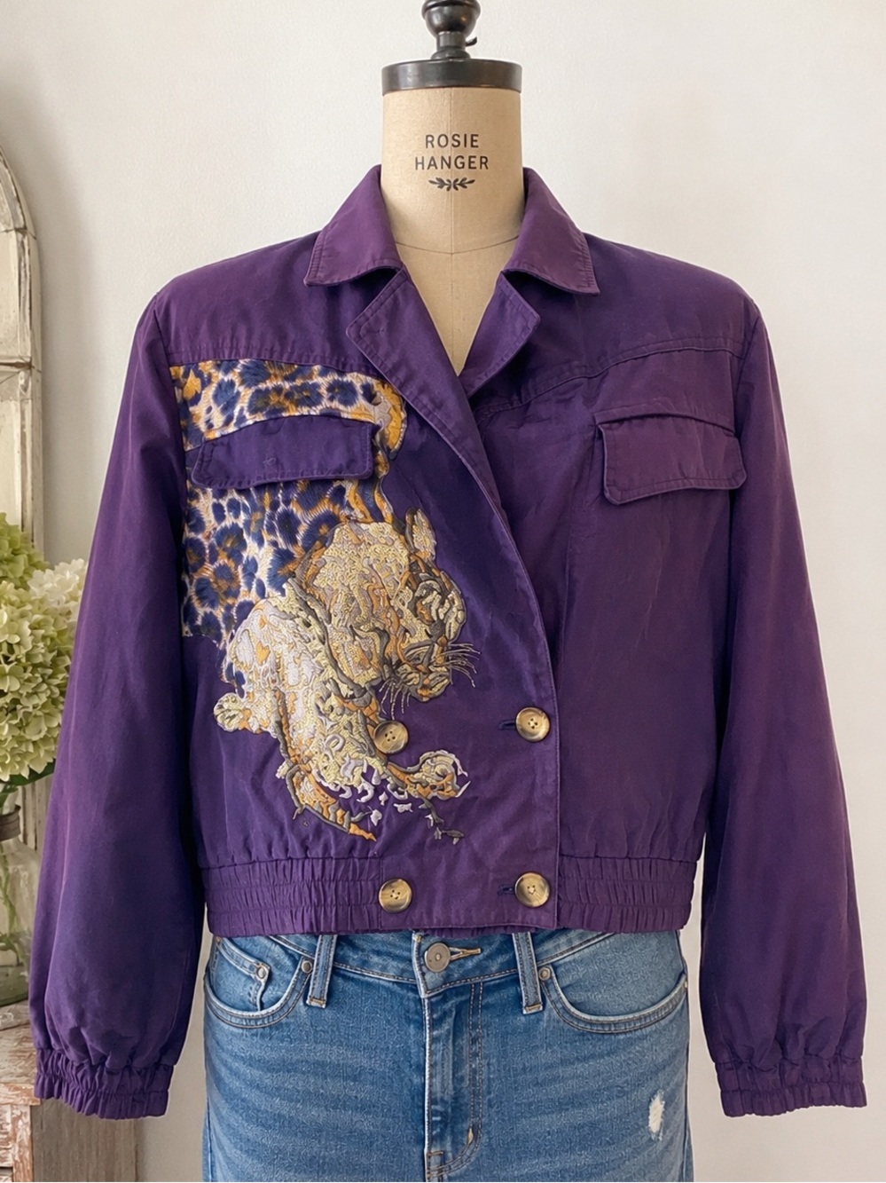 Vintage Stephanie by Suzelle Silk Blend Leopard Embroidered Crop Jacket Purple S